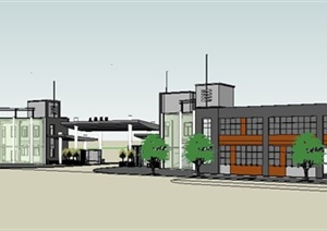 现代风格小区大门及办公楼建筑SU(草图大师)模型