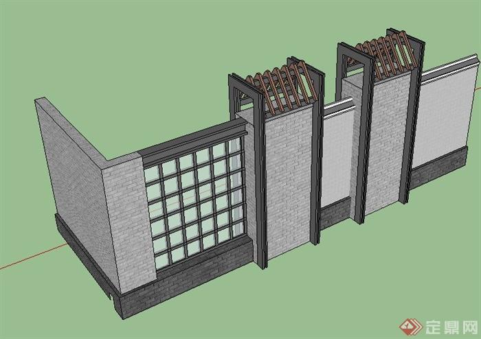 简约中式围墙设计Su模型(1)