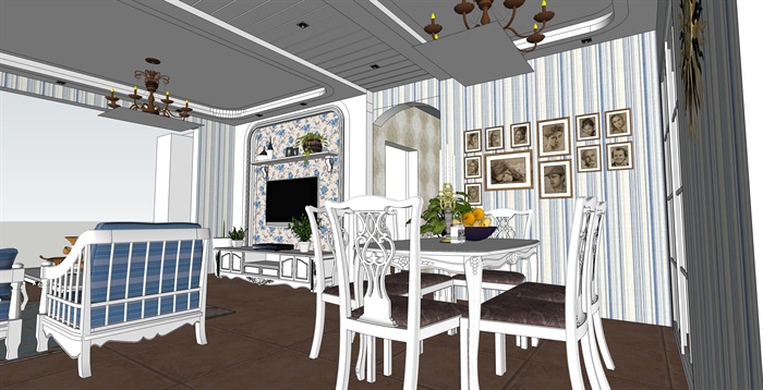 地中海风格客餐厅室内装修su模型（带效果图）