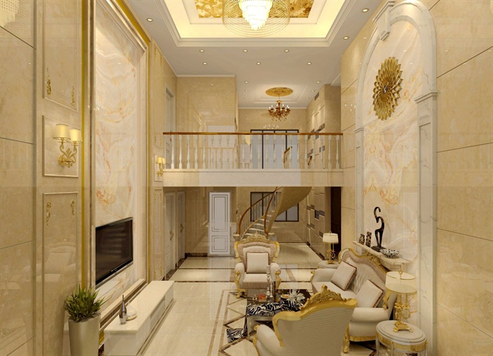 欧式风格别墅客厅室内装修su模型（ 带效果图）