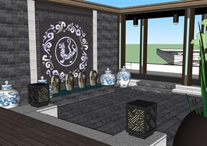某现代中式风格室内空间屋顶休闲餐饮空间设计SU(草图大师)模型