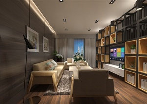 现代风格客厅、餐厅、卧室室内装修Su模型（带效果图）