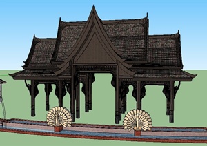 东南亚风格大门及雕塑水池SU(草图大师)模型