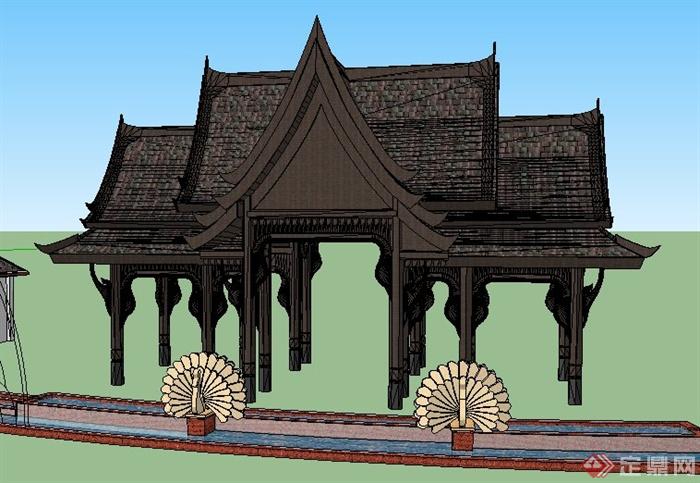 东南亚风格大门及雕塑水池su模型(3)