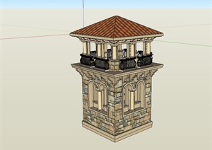 欧式风格门卫室塔楼建筑设计SU(草图大师)模型
