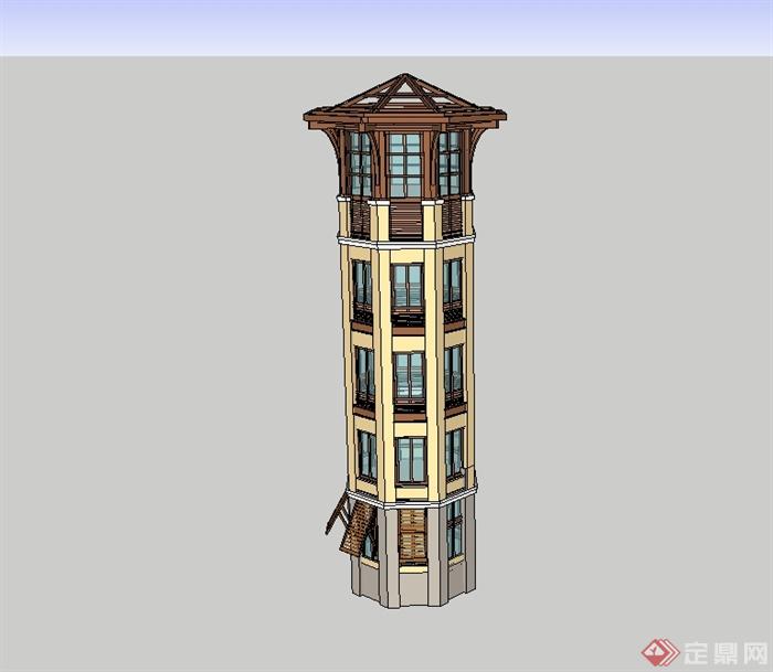 欧式风格独特景观塔楼设计su模型(1)