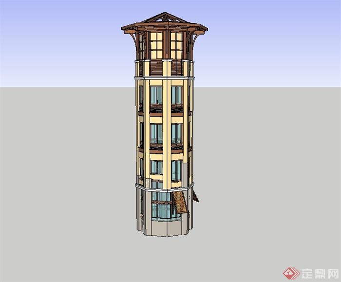 欧式风格独特景观塔楼设计su模型(3)