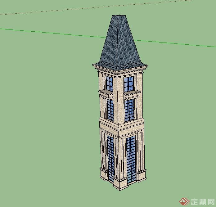 某美式风格景观塔楼设计su模型(1)