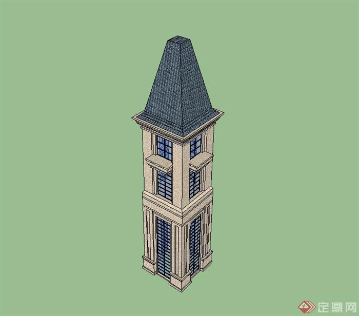 某美式风格景观塔楼设计su模型(2)