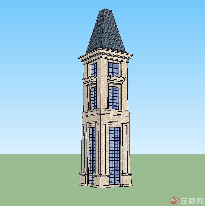 某美式风格景观塔楼设计su模型(3)