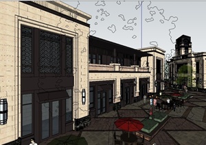新古典风格步行商业街建筑设计SU(草图大师)模型（带街道环境)