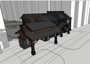 某古典中式小区大门及售楼部建筑设计SU(草图大师)模型