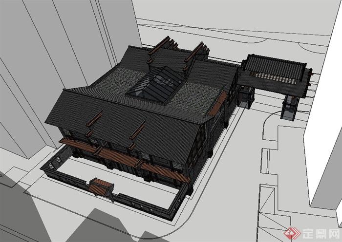 某古典中式小区大门及售楼部建筑设计su模型(3)