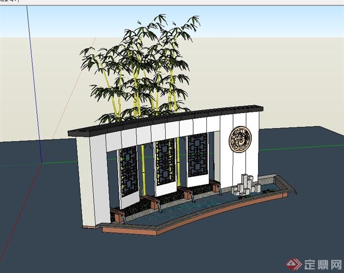 某现代中式风格景墙水池设计su模型(1)
