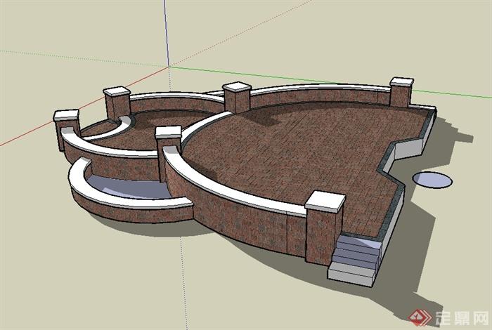 某现代风格砖砌矮墙及地面铺装设计su模型(3)