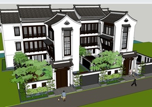新中式风格双拼别墅详细建筑楼设计SU(草图大师)模型