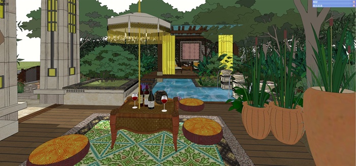 东南亚风格详细别墅建筑及庭院设计su模型