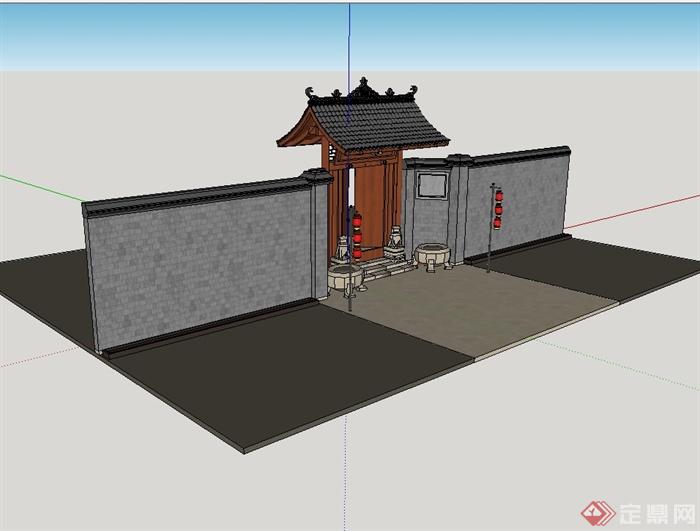 某现代中式风格庭院门设计su模型(1)