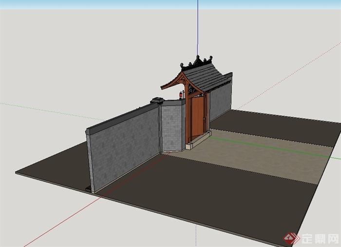 某现代中式风格庭院门设计su模型(3)