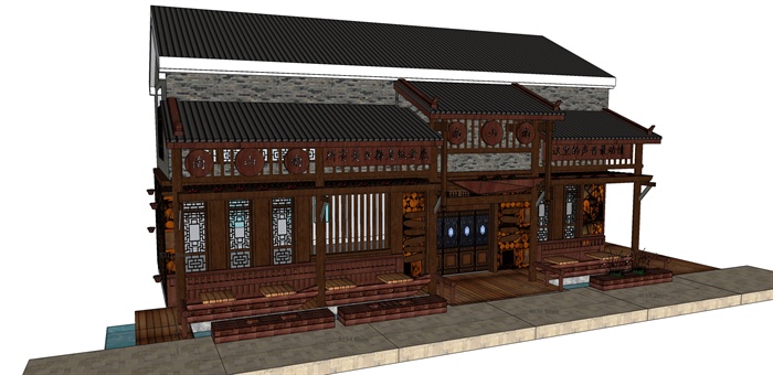 中式风格酒吧建筑外立面设计su模型