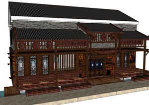 中式风格酒吧建筑外立面设计SU(草图大师)模型