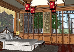 某现代中式风格详细室内卧室设计SU(草图大师)模型