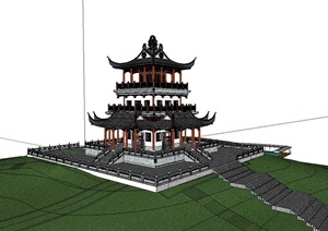 中国古典中式风格观景塔楼建筑设计SU(草图大师)模型
