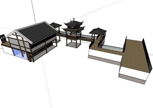 中国古典中式风格商业楼及廊桥设计SU(草图大师)模型