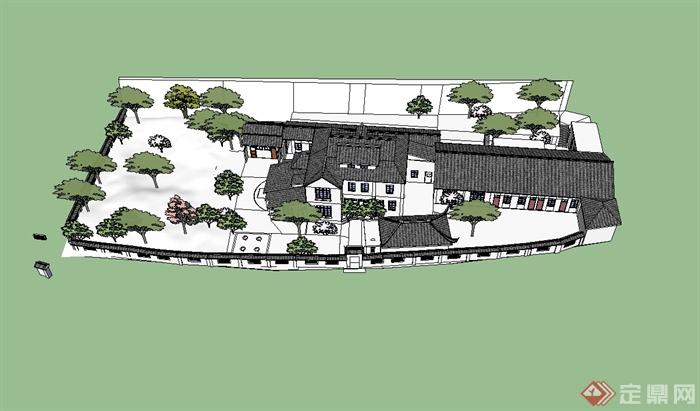 中国古典中式风格庭院住宅建筑设计su模型(3)