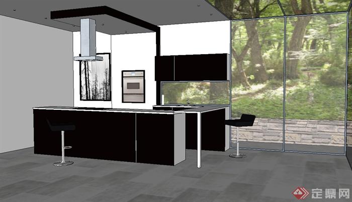 某现代风格简单的室内开放厨房设计su模型(1)