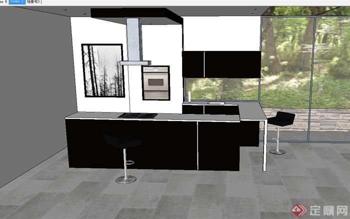 某现代风格简单的室内开放厨房设计su模型(3)