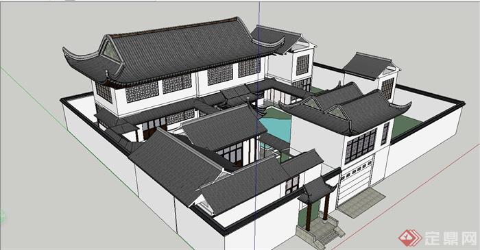 某古典中式风格高档别墅住宅建筑设计SU模型(1)