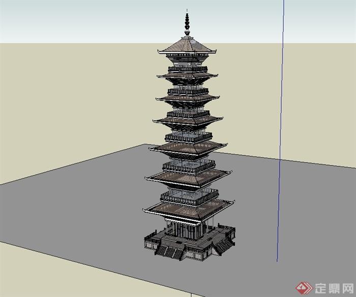 中国古典中式风格多层宝塔建筑su模型(1)
