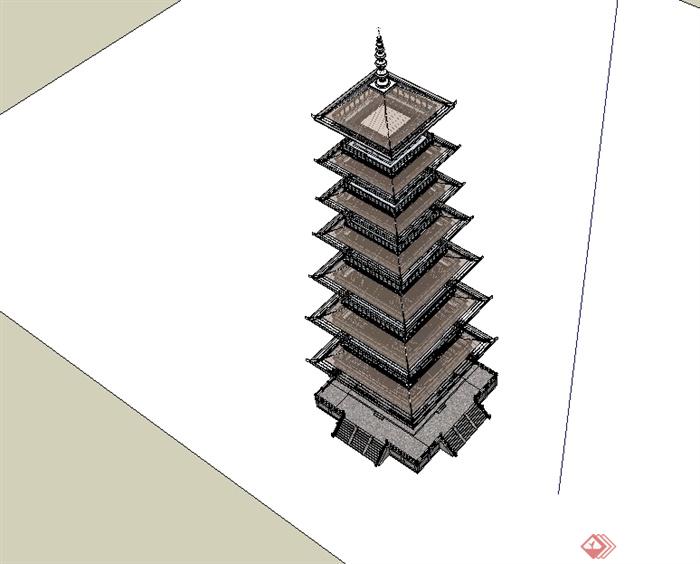 中国古典中式风格多层宝塔建筑su模型(2)