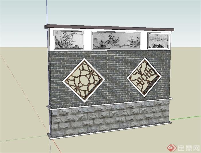 现代中式风格砖砌镂空景墙设计su模型(1)