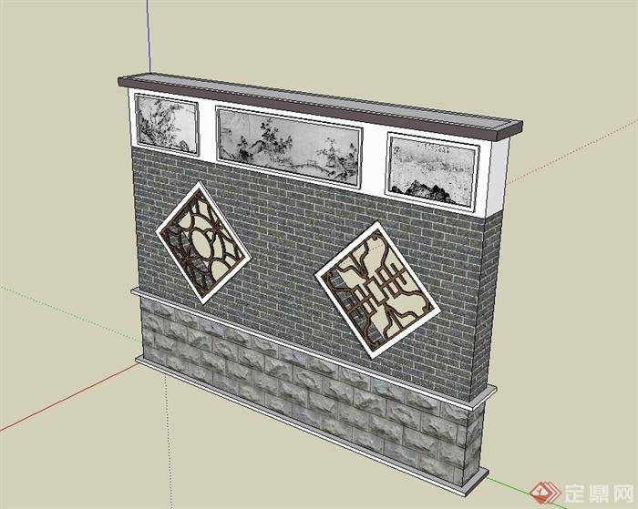 现代中式风格砖砌镂空景墙设计su模型(2)