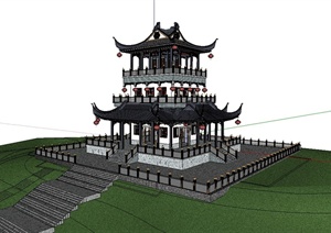某古典中式风格详细塔楼建筑SU(草图大师)模型