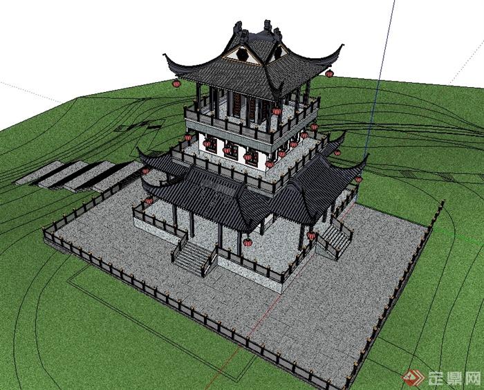 某古典中式风格详细塔楼建筑su模型(4)