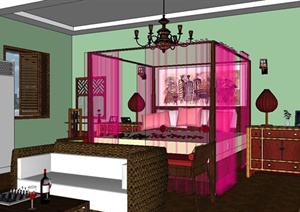 某现代中式风格住宅卧室室内装饰设计SU(草图大师)模型