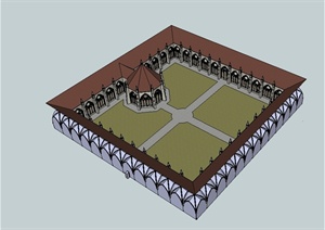 某欧式风格独特庭院式建筑楼设楼设计SU(草图大师)模型