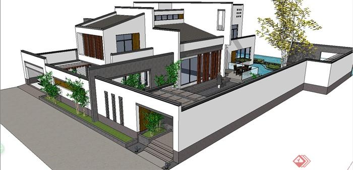某现代中式风格高档别墅住宅建筑设计SU模型(3)