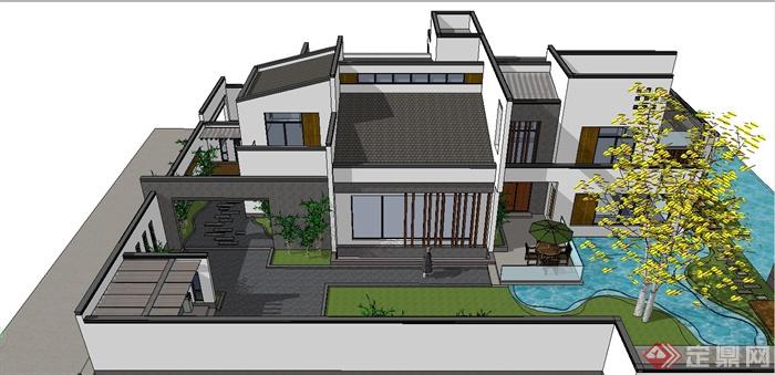 某现代中式风格高档别墅住宅建筑设计SU模型(4)