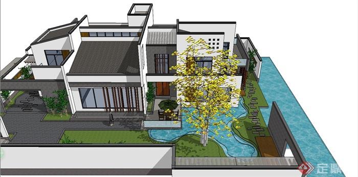 某现代中式风格高档别墅住宅建筑设计SU模型(5)