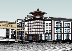现代中式商业街商铺建筑及牌坊SU(草图大师)模型