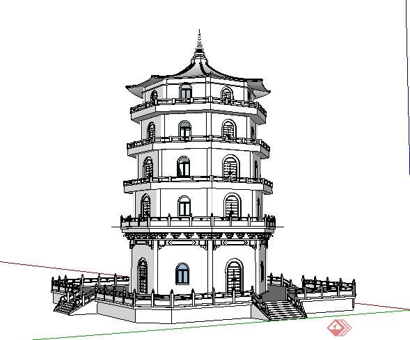 中式八角景观塔楼设计su模型(1)
