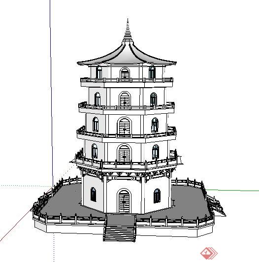 中式八角景观塔楼设计su模型(3)