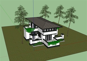 某现代中式风格森林别墅建筑设计SU(草图大师)模型