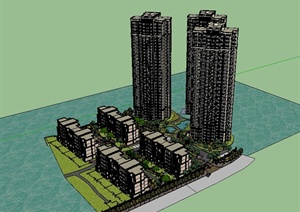 某现代风格高层及多层小区住宅楼及小区景观设计SU(草图大师)模型