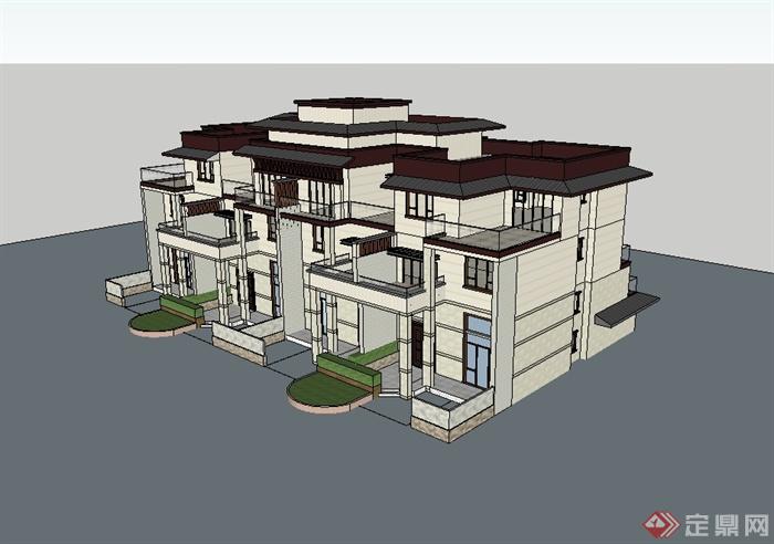 某新古典风格多层联排别墅建筑设计su模型(3)