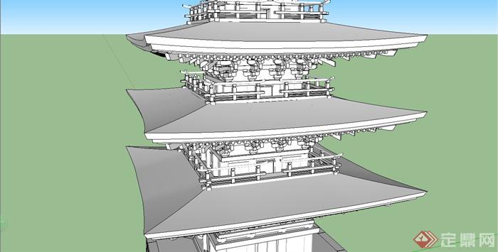 某精细古典中式风格塔楼建筑设计SU模型(3)